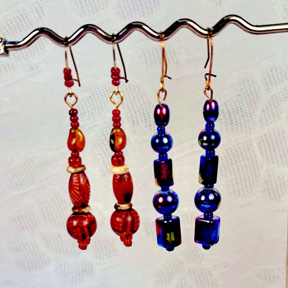 Earrings Pierced Handmade Unique Design Purple/Blue Stars & Decorated BrownBeads